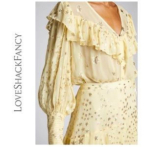 NWT LoveShackFancy Harleigh Metallic Silk Top Sunflower Yellow Romantic Regency
